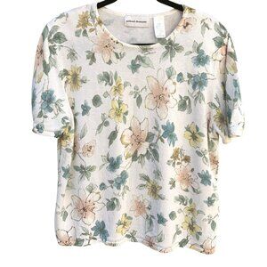 Alfred Dunner Vintage Womens Floral Embellished Beaded Knit Short Sleeve Blouse